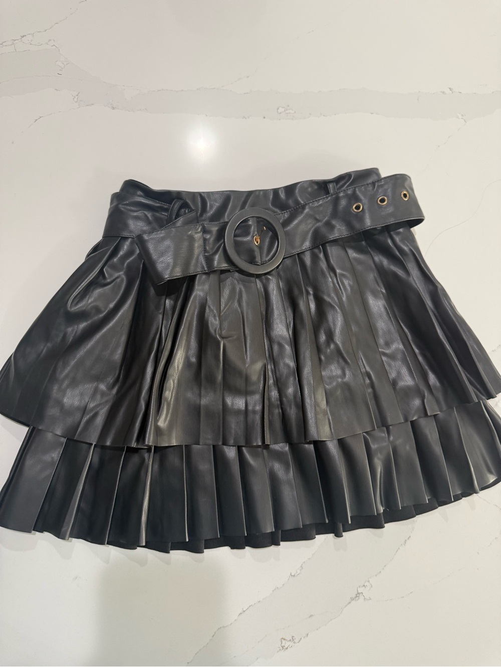 Faux Leather Pleated Mini Skirt with Belt - Black